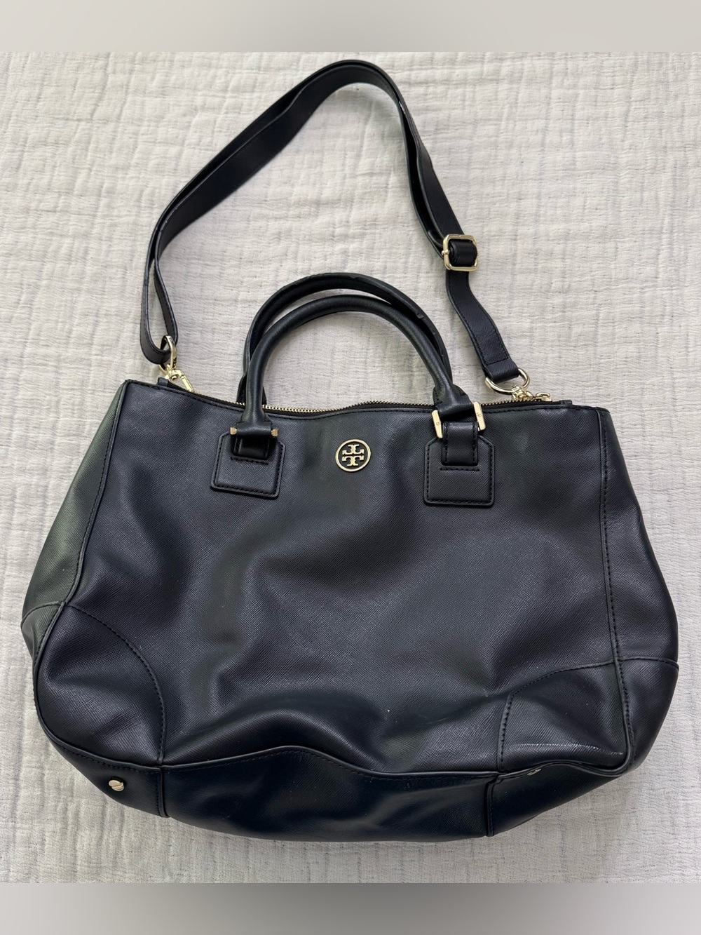 Tory Burch Robinson Double Zip Tote Bag Handbag Satchel Black Everyday Tote Bag